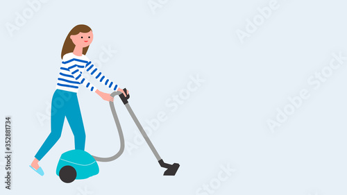 A woman with vacuum cleaner cleaning  the room, 掃除機をかける女性、部屋をきれいに掃除する photo