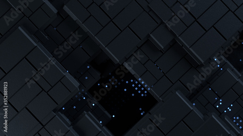 3d render. Abstract background with black cubes. Light dots on top. Technological background with depth of field.