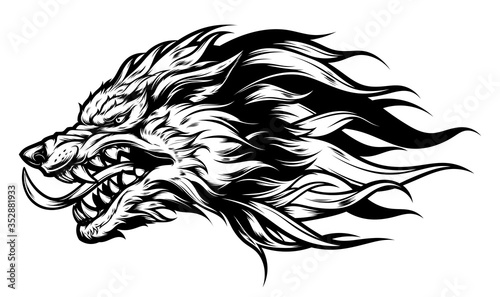 Angry wolf head black and white