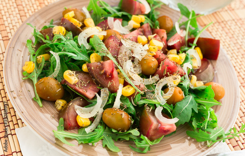 fresh vegetarian healthy vegetable salad with arugula