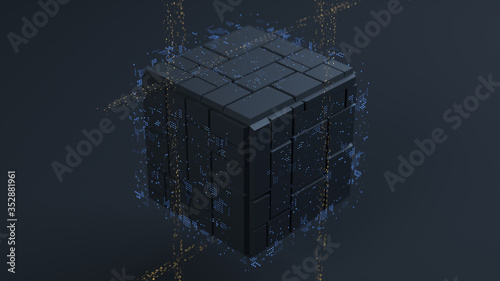 3d render. Abstract background with black cube in center with geometric structure. Light dots on top. Technological background with depth of field.