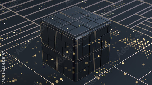 3d render. Abstract background with black cube in center with geometric structure. Light dots on top. Technological background with depth of field.