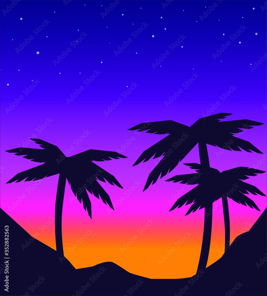 vector evening beach landscape with palms and sunset. silhouette palm trees on beach . sunset mountain landscape
