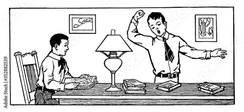 Two Boys Reading and Yawning, vintage illustration.
