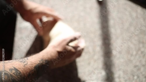 hands man, during lockdown, making pizza italian style recipe, at home