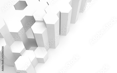 White abstract background with honeycomb. Hexagon bars isolated on white backdrop. 3D illustration