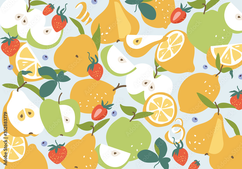 Vector illustration horizontal banner with summer fruits - citrus, pear and strawberry. Fruits pattern.