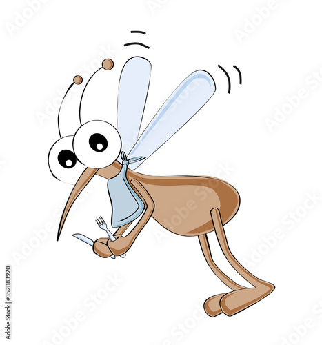 Isolated cute flying hungry mosquito with fork and knife. Cartoon style vector illustration.