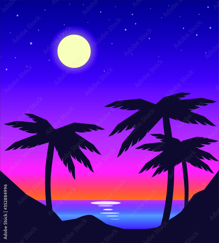 vector night  beach landscape with palms and sunset. silhouette palm trees on beach . sunset mountain landscape with moon and stars
