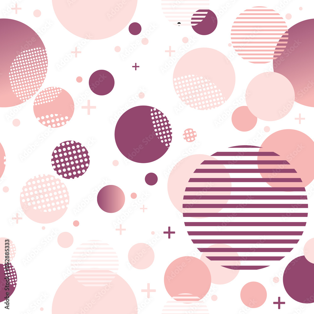 Seamless pattern with circles. Pink, purple circles. The Memphis style. White background. Geometrical figure. Seamless vector illustration with pink and purple geometric shapes. Printing on fabrics. 
