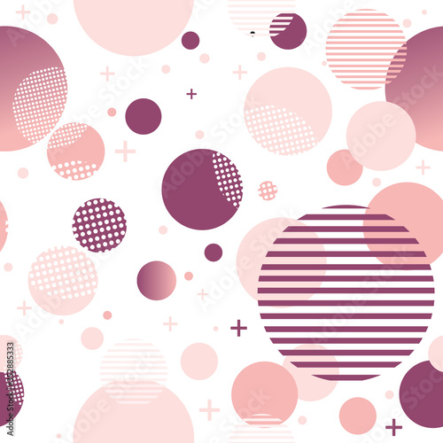 Seamless pattern with circles. Pink, purple circles. The Memphis style. White background. Geometrical figure. Seamless vector illustration with pink and purple geometric shapes. Printing on fabrics. 