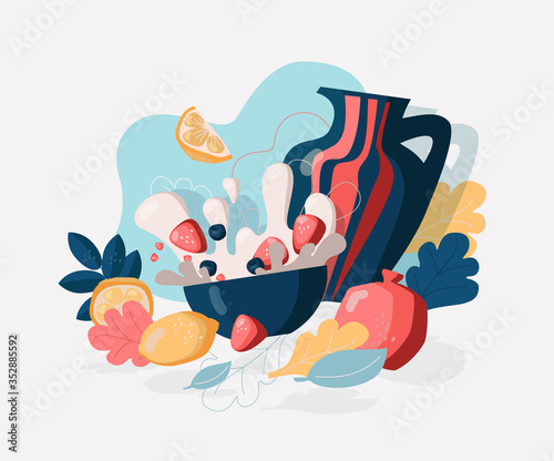 Fruit yogurt. Splashes of milk and berries and fruits.