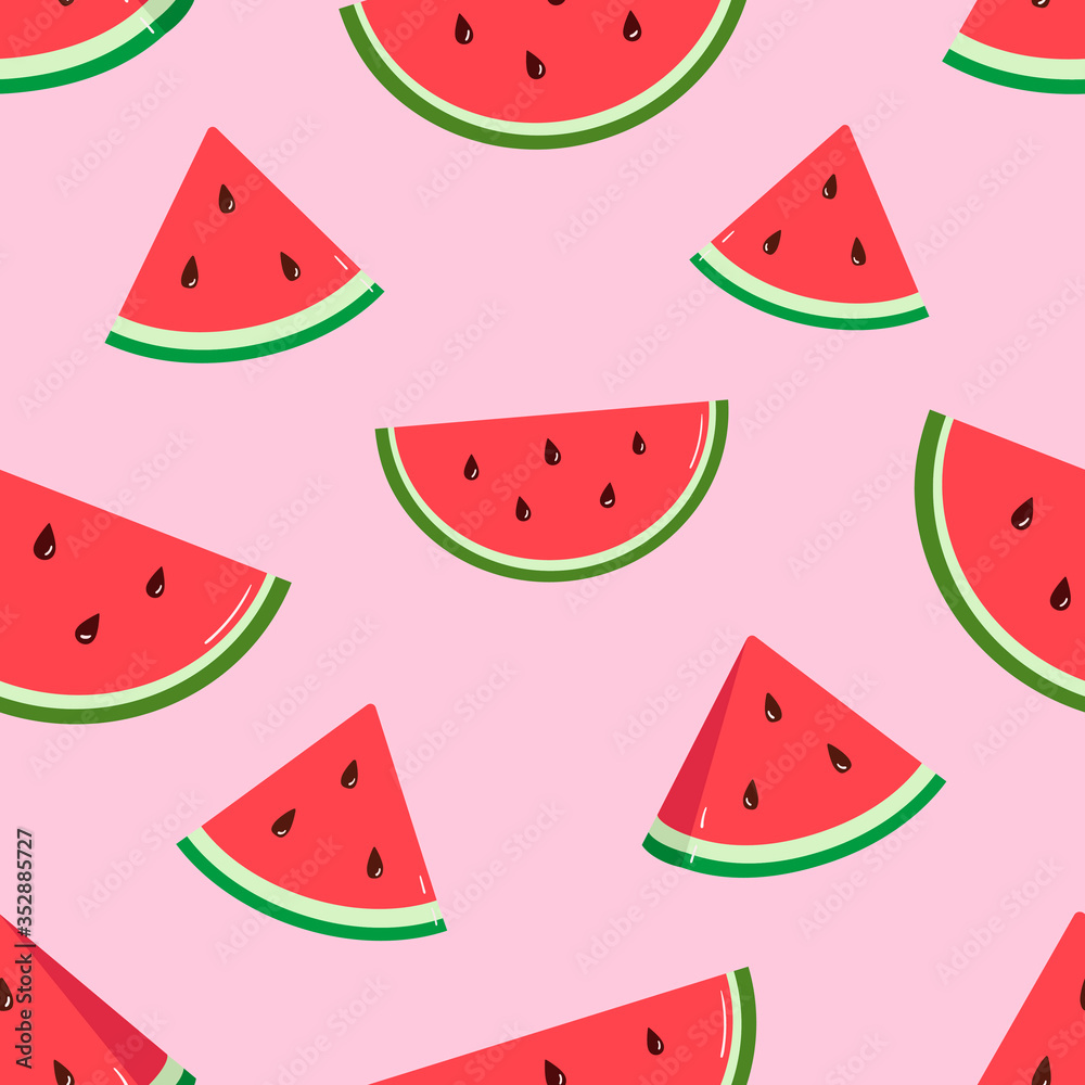 Seamless pattern with watermelon, color background. Bright summer design for postcards, holidays, decorations. Vector illustration. Pattern with fruit.
