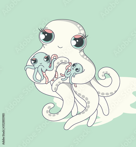 Lovely mom. Cute mom octopus with two octopus kids.