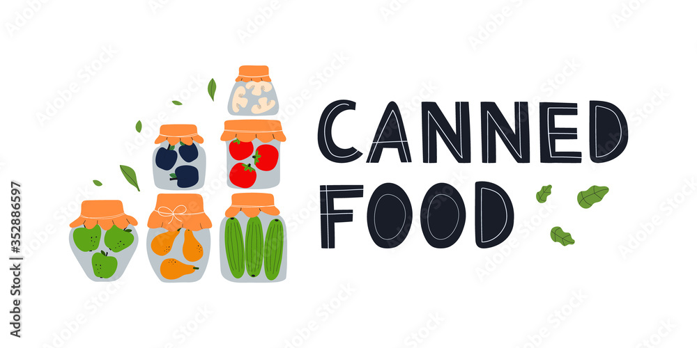 Naklejka premium Design for banner or card with jars for canning vegetables and fruits. Canned food text. Fermented food. Vegetarian food concept. Conservation of harvest.