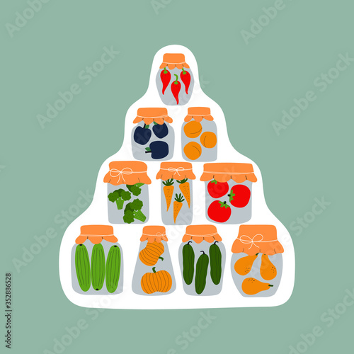 Sticker design with jars for pickling vegetables and fruits. Preserving vegetables and fruits. Fermented food. Vegetarian healthy production shop. Conservation of harvest.