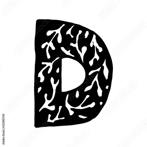 Hand dawn vector letter D isolated on white background. English alphabet capital letters with floral design. Beautiful spring illustration. Typography template