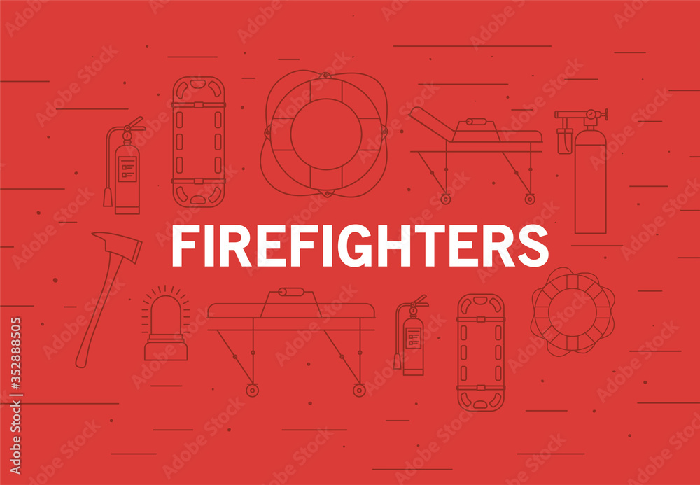 Firefighters word in front of icon set vector design