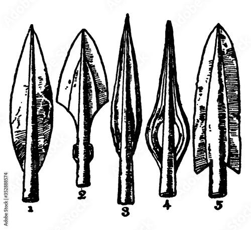 Prehistoric Irish spearheads, vintage illustration.