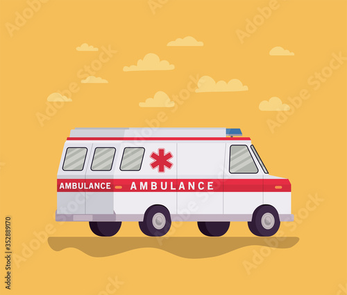 Ambulance paramedic car side view and clouds vector design