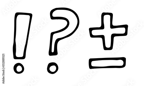 Hand drawn vector outline illustration of math icons. Plas, minus, exclamation, question marks. Handwritten special symbols
