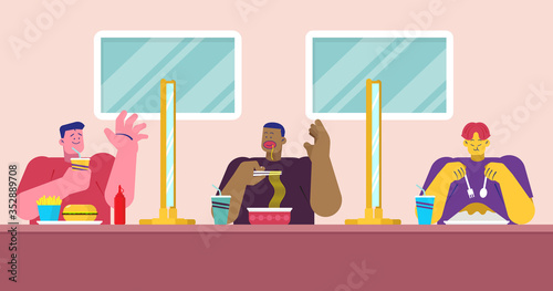 New normal after COVID-19 pandemic in restaurant,street food or canteen social distancing concept sitting separated eating food with table shield plastic partition to protect infection, flat vector.
