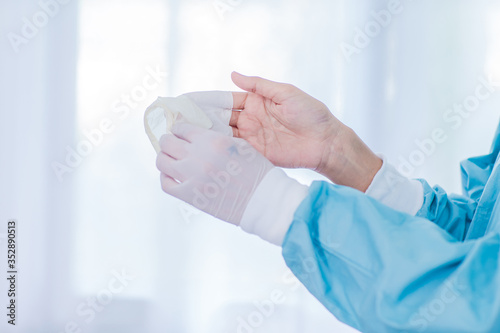 Step three : Removing medical gloves; Glove process; Protect the contamination, Step for removing the correct gloves. biosaftly of laboratory.