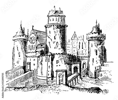 Anglo-Saxon Feudal castle, vintage illustration.