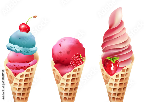Set of ice creams with cherry, raspberry and strawberry topping