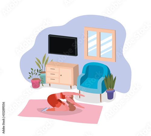 Woman doing yoga on mat in front of tv at home vector design