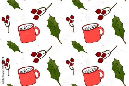 Winter seamless vector pattern with holly berries and a mug. Can be used for pattern fills, surface textures, fabric prints, greeting cards, wrapping paper.