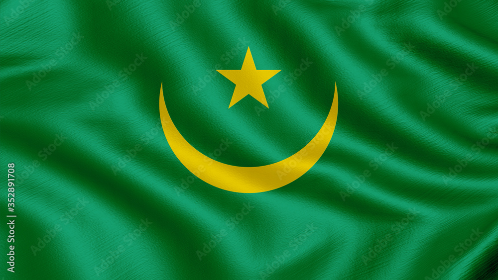 Flag of Mauritania. Realistic waving flag 3D render illustration with highly detailed fabric texture.