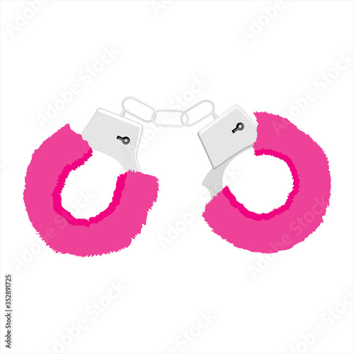 Fur pink handcuffs. Vector realistic illustration. Sexual toy for adults isolated on a white background.