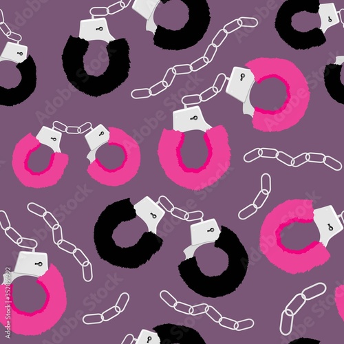 Seamless pattern with fur handcuffs and chains. Vector realistic illustration. Black and pink accessories. Sexual toy for adults isolated on on a purple background.