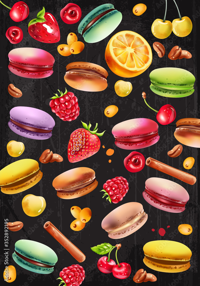 Pattern that consists of macarons, raspberry, strawberry, white and red cherries, coffee beans, cinnamon sticks and pyracantha berries Pattern that consists of macarons, raspberry, strawberry, white and red cherries, coffee beans, cinnamon sticks and pyracantha berries