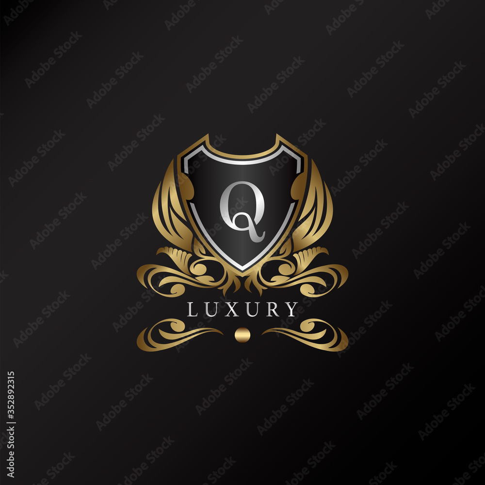 Shield logo in gold color with letter Q Logo. Elegant logo vector template made of wide silver alphabet font on shield frame ornate style.
Shield logo in gold color with letter Q Logo. Elegant logo vector template made of wide silver alphabet font on shield frame ornate style.