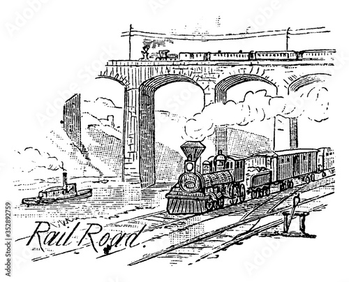 Train moving along the railroad, vintage illustration.