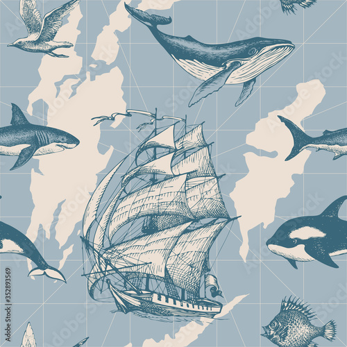 Vector abstract seamless pattern on the theme of sea travel, adventure, discovery. Old map background with islands, hand-drawn sailboats and various sea inhabitants in retro style