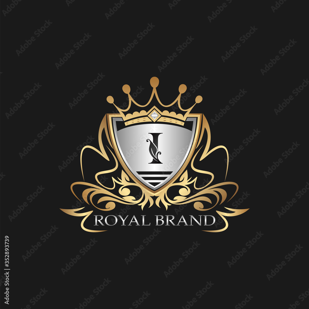I Letter Gold Shield Logo. Elegant vector logo badge template with alphabet letter on shield frame ornate vector style design. I Letter Gold Shield Logo. Elegant vector logo badge template with alphabet letter on shield frame ornate vector style design.
