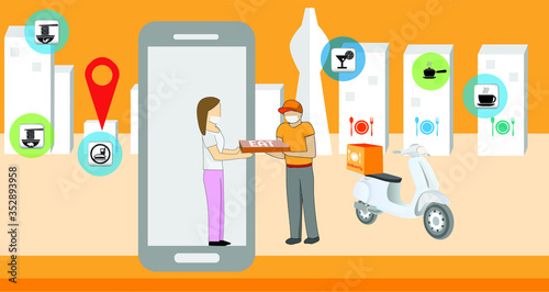 2D vector illustration flat, technology food concept, people is using internet of thing background, design people is order to restaurant online, creative icon and symbol on business background.