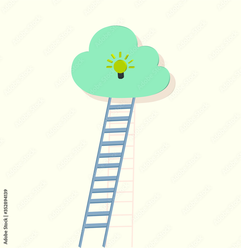 yellow idea bulb on blue cloud with ladder 3d illustration vector on yellow background.