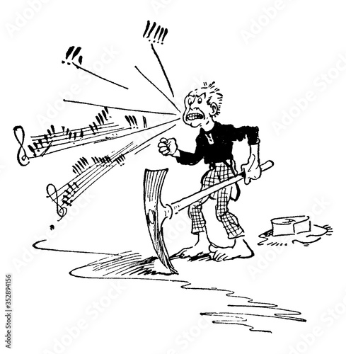 Young Man Holding Pickaxe, vintage illustration.