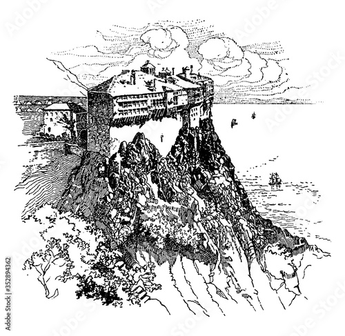Simonopetra Monastery, vintage illustration.