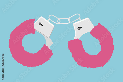 Fur pink handcuffs. Vector illustration. Sexual toy for adults isolated on a on a blue background.