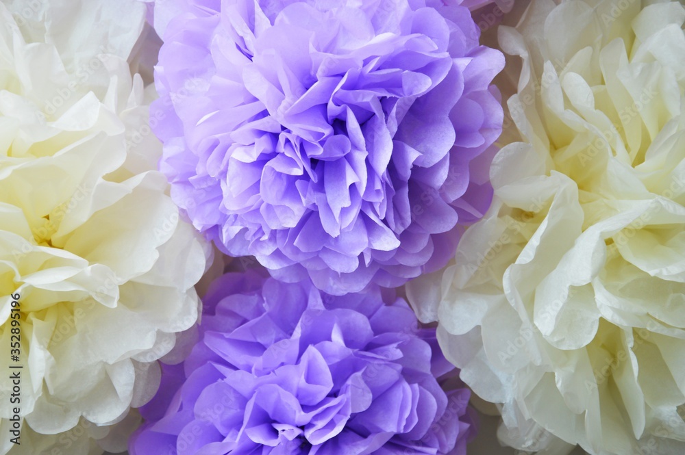 Paper POM-poms. Paper flowers, peonies. a gentle background for the design.