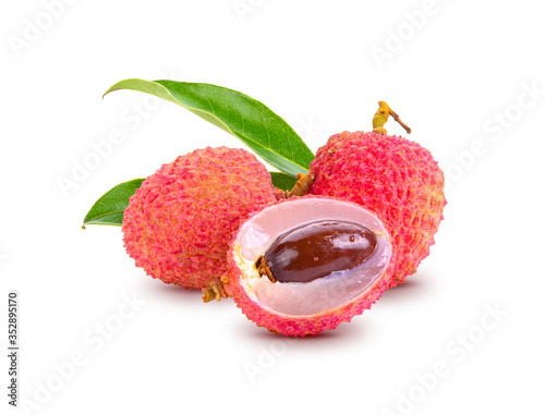 Fresh lychee with leaves on white background