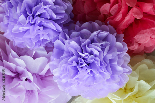 Paper POM-poms. Paper flowers, peonies. a gentle background for the design.