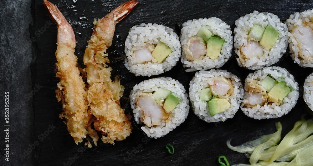 Homemade Shrimp tempura Sushi Roll ,pickled ginger,wasabi and soy sauce Homemade Shrimp tempura Sushi Roll ,pickled ginger,wasabi and soy sauce