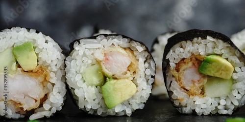 Homemade shrimp tempura sushi roll, selective focus