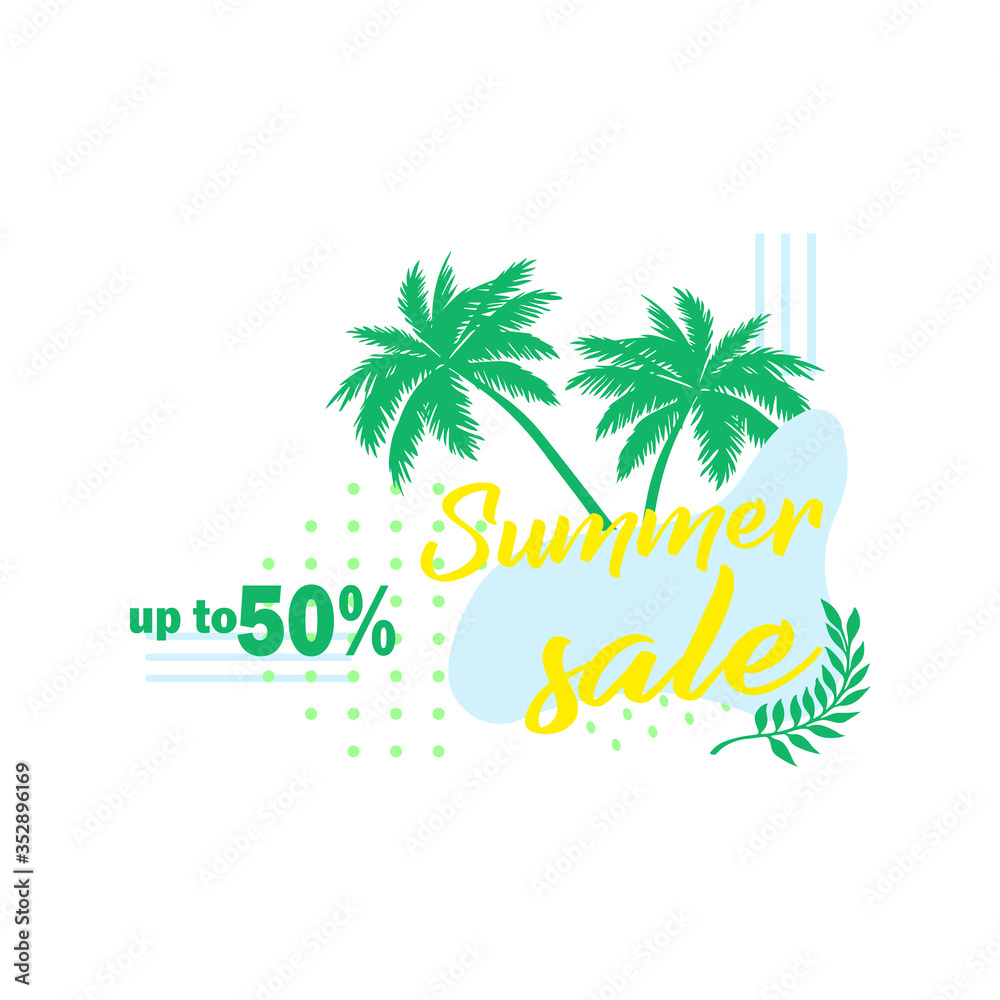 Palm leaf. Summer sale up to 50 per cent off. Web banner or poster for e-commerce, on-line cosmetics shop
